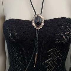 Western Bolo Tie Black Onyx Sterling Silver Cowboy Cowgirl Statement Handmade