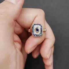 Art Deco Vintage Style Lab Created Diamond & Sapphire Wedding 14K Gold FN Ring