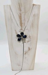 Blue Crystal Flower Necklace Bolo Tie Silver tone snake Chain 36 in STUNNING