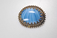 Vintage Filigree Bright Blue Slag Art Glass Brooch Pin oval bezel ML11