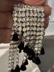 VTG BLACK JET & CLEAR RHINESTONE WATERFALL BROOCH & EARRINGS SET