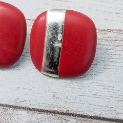 Vintage Earrings For Pierced Ears Red Rounded Square Shape – Poor Condition