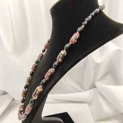 Vintage Barrel Bead Necklace Red Black White Abstract Tribal 22″ Matinee Length
