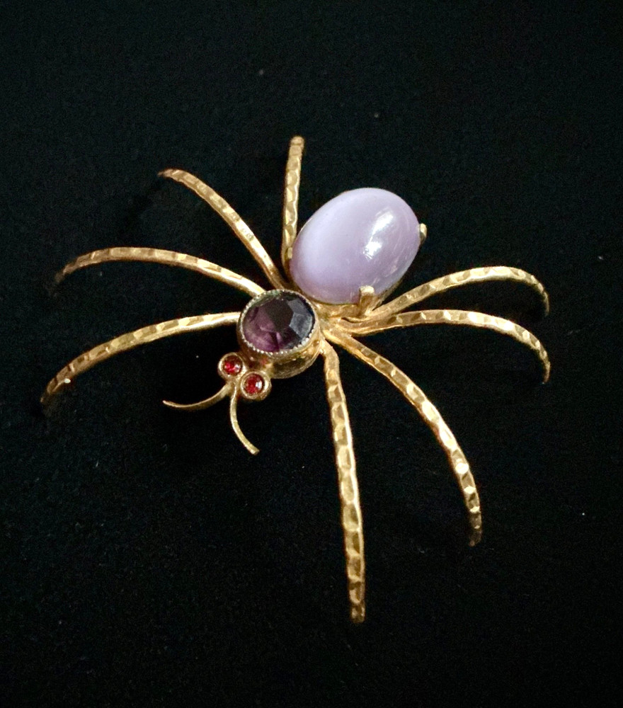 Vintage Czech Spider Brooch Gold Cats Eye Glass Cabochon Purple Rhinestone