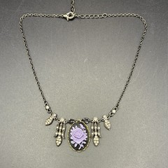 Vintage Charm Pendant Necklace on Sexy Black Chain w Purple Rose & Rhinestones
