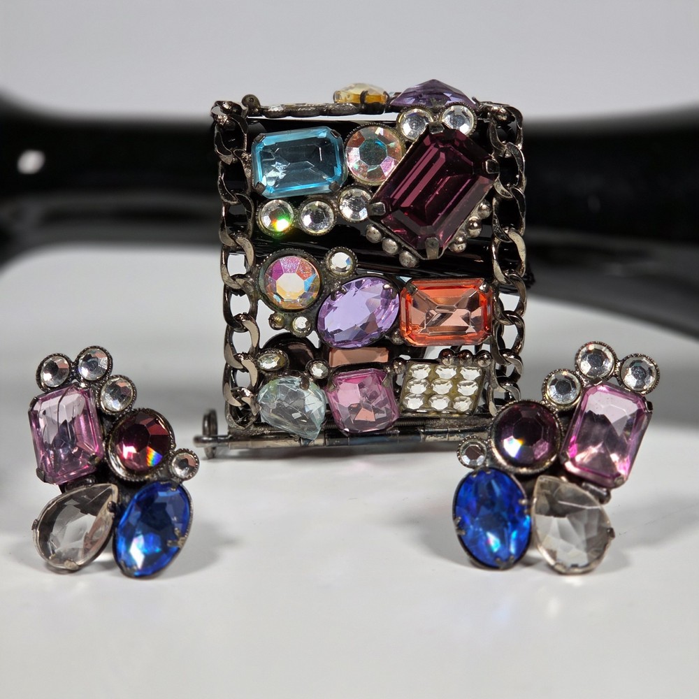 1980’s Les Neredides Multicolor Cuff Bracelet & Earring Set from Nice, France
