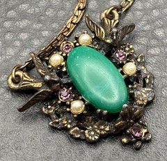 Vintage Victorian Revival Birds Green Cab Faux Pearl Rhinestone Pendant Necklace