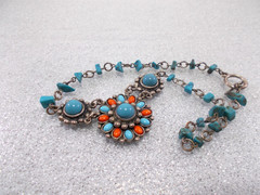Tribal Boho Ethnic faux Turquoise Coral Cluster Medallion Choker Necklace