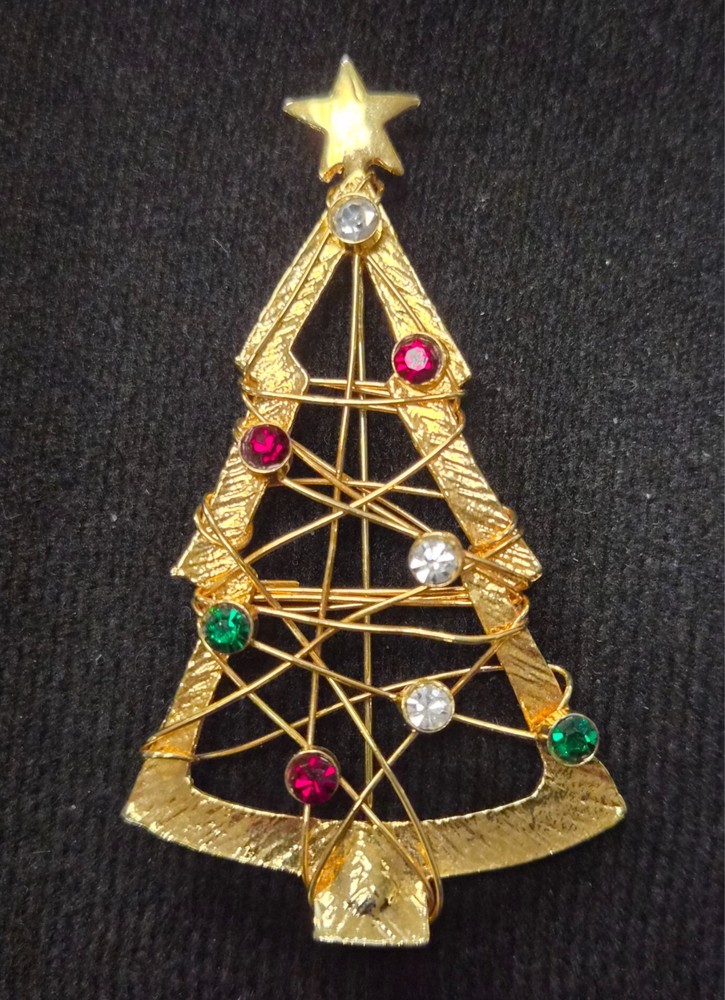 Vintage Open Wire Wrap & Multicolor Rhinestone Christmas Tree Pin / Brooch