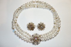 Rare Vintage Signed Selro Selini Triple Strand Pearl AB Necklace & Earrings-READ