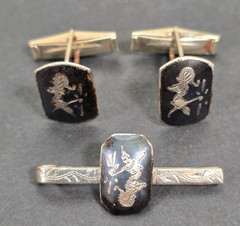 VINTAGE SIAM STERLING SILVER NIELLO TIE BAR & CUFFLINKS SET GODDESS DANCERS 925