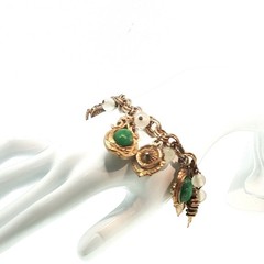 Vintage Gold Tone FOB Charm Bracelet Green Stones Shell Floral Ornate Design
