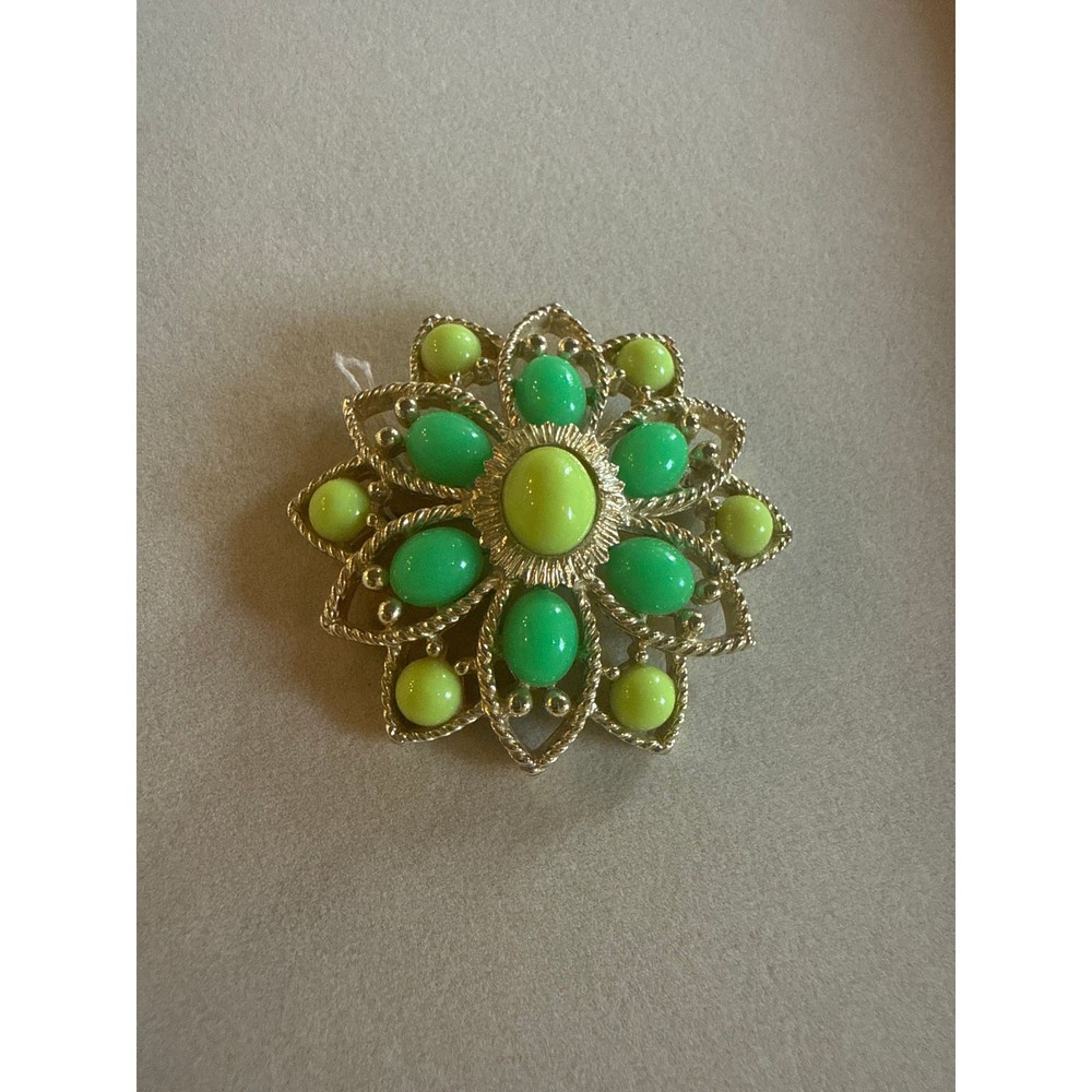 Vintage Emmons Gold-Tone Floral Lime Green Chartreuse Brooch