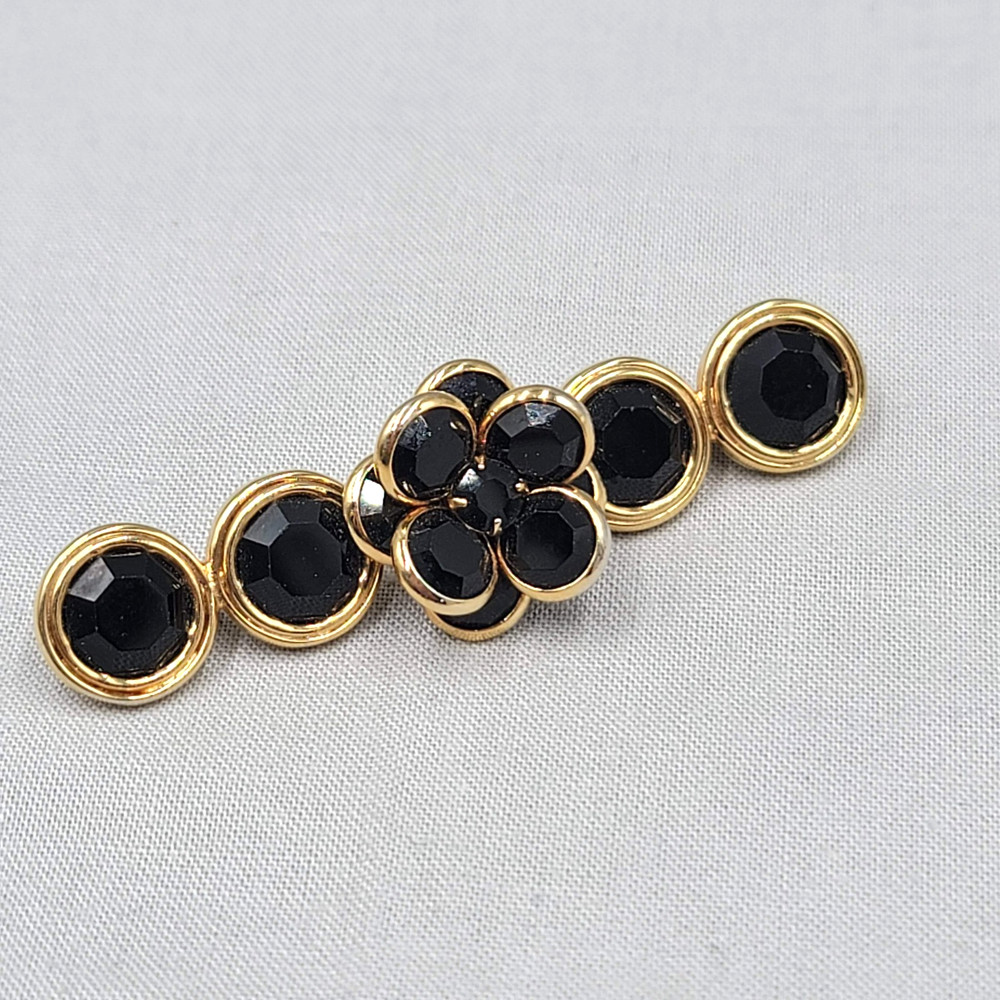Vintage Black Rhinestone Flower Bar Brooch Bezel Set Gold tone 2.75″