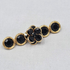 Vintage Black Rhinestone Flower Bar Brooch Bezel Set Gold tone 2.75″