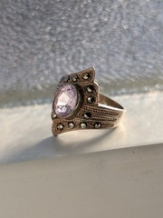 VTG SterlingSilver FAS Marcasite Amethyst Shield RingS6.5 February Birthstone