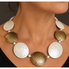 Brass & Mother of Pearl Necklace White & Gold Statement Ethnic Jewelry 18″ wh414