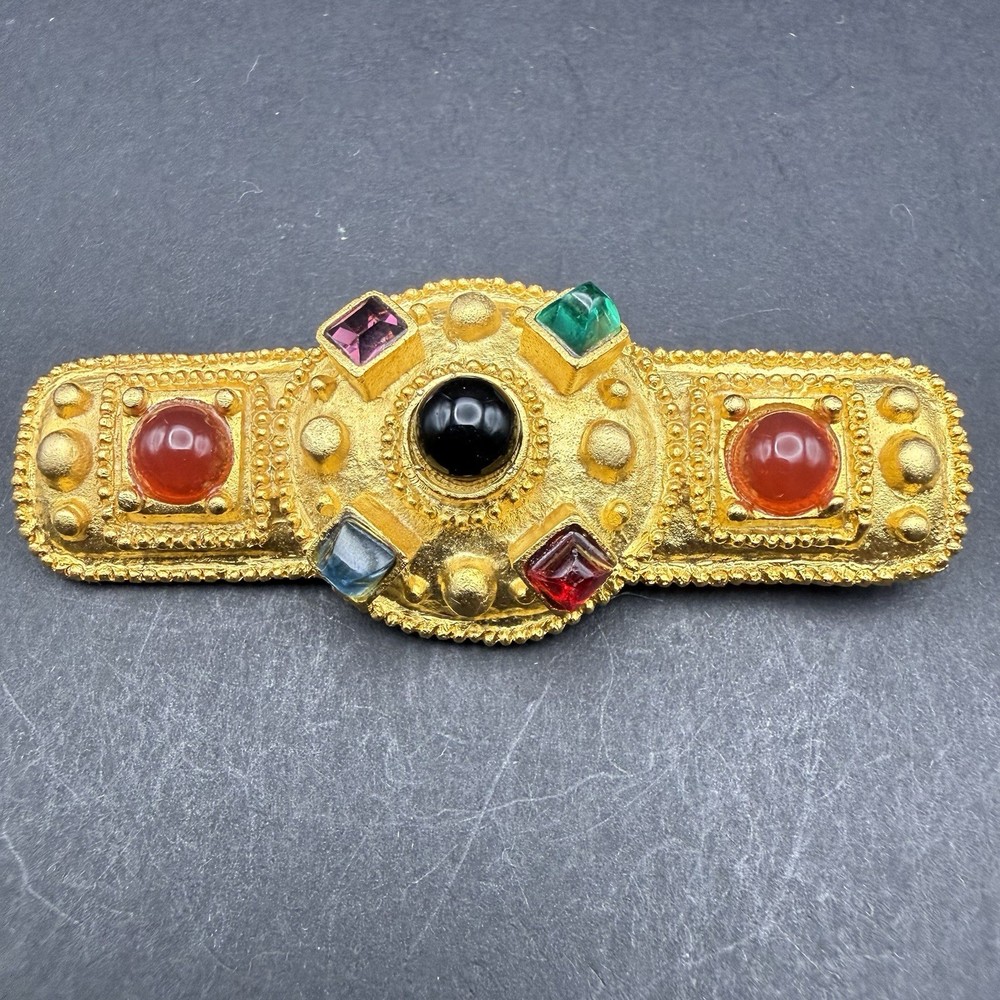 Vintage Gold Tone Multi-Color Cabochon & Faceted Glass Bar Brooch 2.5” Statement