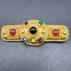 Vintage Gold Tone Multi-Color Cabochon & Faceted Glass Bar Brooch 2.5” Statement