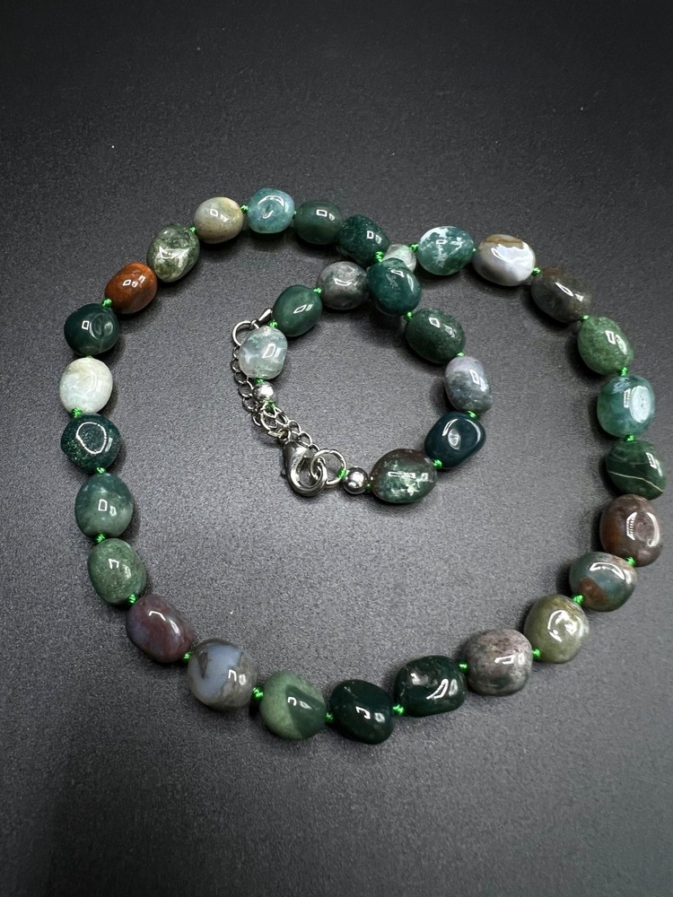 Vintage Moss Agate Bead Necklace | Natural Green Agate Nugget Necklace