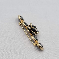 Vintage Black Rhinestone Flower Bar Brooch Bezel Set Gold tone 2.75″
