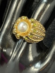 Vintage Cocktail Dome Ring Adjustable Pearls Green Rhinestones Gold Tone Size 7