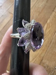 Estate 18k White Gold Vintage Purple Sapphire Diamond Trembler Ring