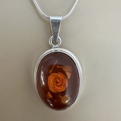 VTG Pendant Necklace 18 Inch Amber Reversed Carved Rose Italy 925 Sterling 9.3g