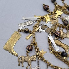 Vintage Mexican Folk Art Necklace Cowboys Indians Figural Dangling Charms 30″