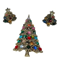 Vintage Rhinestone Gold Tone Christmas Tree Brooch with Matching Earrings