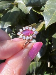 VINTAGE 14K YELLOW GOLD RED NAVETTE MARQUISE CUT GENUINE RUBY AND DIAMONDS RING
