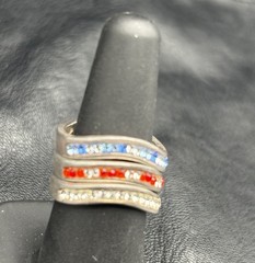 Vintage Sterling Silver Ring stackable Rhinestone Red White Blue USA July Sz 7