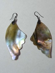 Vntg Sterling Silver Abalone Paua Fan Wings Dangle Drop Earrings Boho Fairy