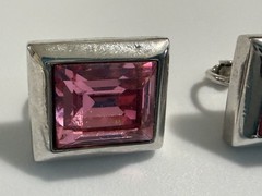 Vintage SAL Swarovski Pink Crystal Clip Earrings Emerald Cut Silver Tone Stamped