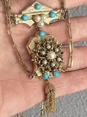 Vintage Victorian Revival Necklace Earrings Faux Pearl turquoise Festoon Tassel
