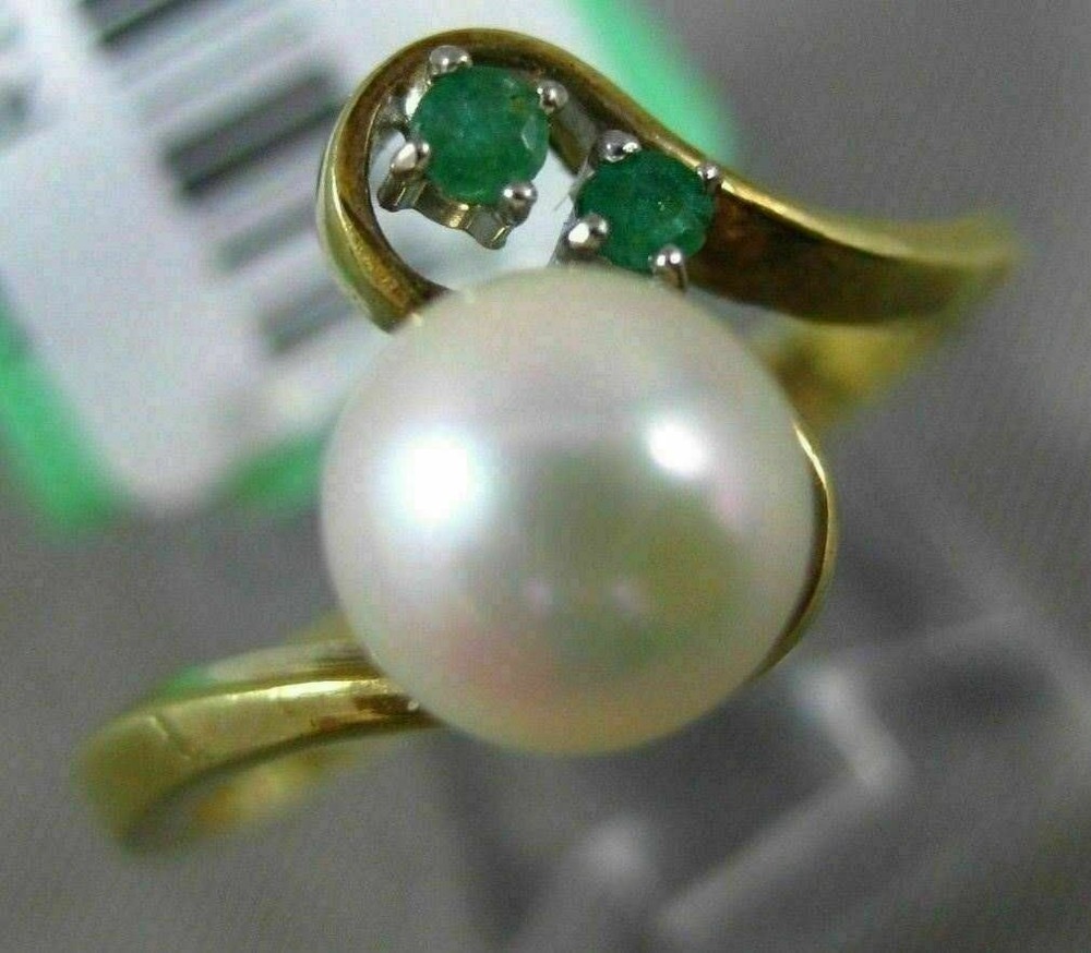ESTATE .05CT AAA EMERALD & SOUTH SEA PEARL 14KT YELLOW GOLD 3D ANNIVERSARY RING