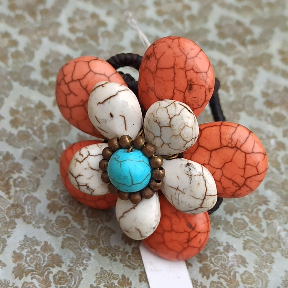 Bohemian Chunky Ring 3d Flower White Turquoise & Orange Gemstone Natural New