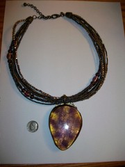 Vintage Chicos Multi-Strand Beaded Necklace W/Large Amber Colored Glass Pendant