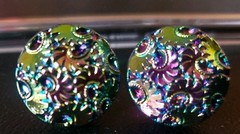Czech Plastic Iridescent Peacock Carnival Botanical Green Blue glass Clip On