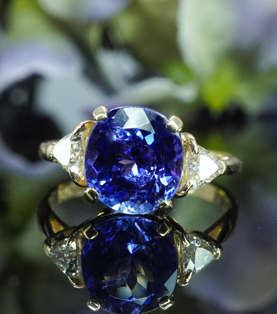 Vintage Gem Cushion Tanzanite Trillion Diamond 3 stone Ring 14K Gold 2.5ct