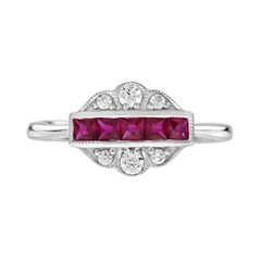 14K White Gold Finish French Cut Ruby Lab Created Diamond Art Deco Style Ring