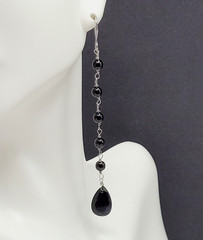 Black Onyx Bead Shoulder Duster Long Linear Silver Tone Pierced Hook Earrings