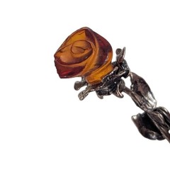 Vintage Sterling Silver Carved Baltic Amber Rose Flower Brooch Pin 2″