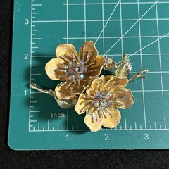 RARE Vintage CORO Enamel Flower AB Rhinestones Peach Tones Brooch Earring Set