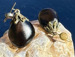 Vintage Eggplant Glass French Jet Style Dangle-Drop Earrings w Ornate Metal Caps