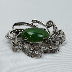 Vintage Sorrento Oval Jade Sterling Silver Brooch Pin Flower