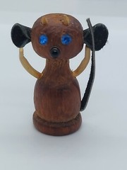 Vintage Miniature Wood Leather Devil Mouse ? Blue Crystal Eye Pin Brooch
