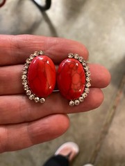 Vintage Red Jasper & Rhinestone Silvertone Oval Post Earrings