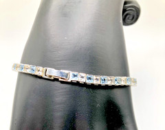 Vintage Rhinestone Tennis Bracelet Light Blue Clear Princess Cut Silver Tone