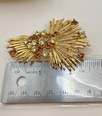 Vintage Signed Lisner Gold Tone Spray Brooch Brown Yellow Rhinestone Mid Century